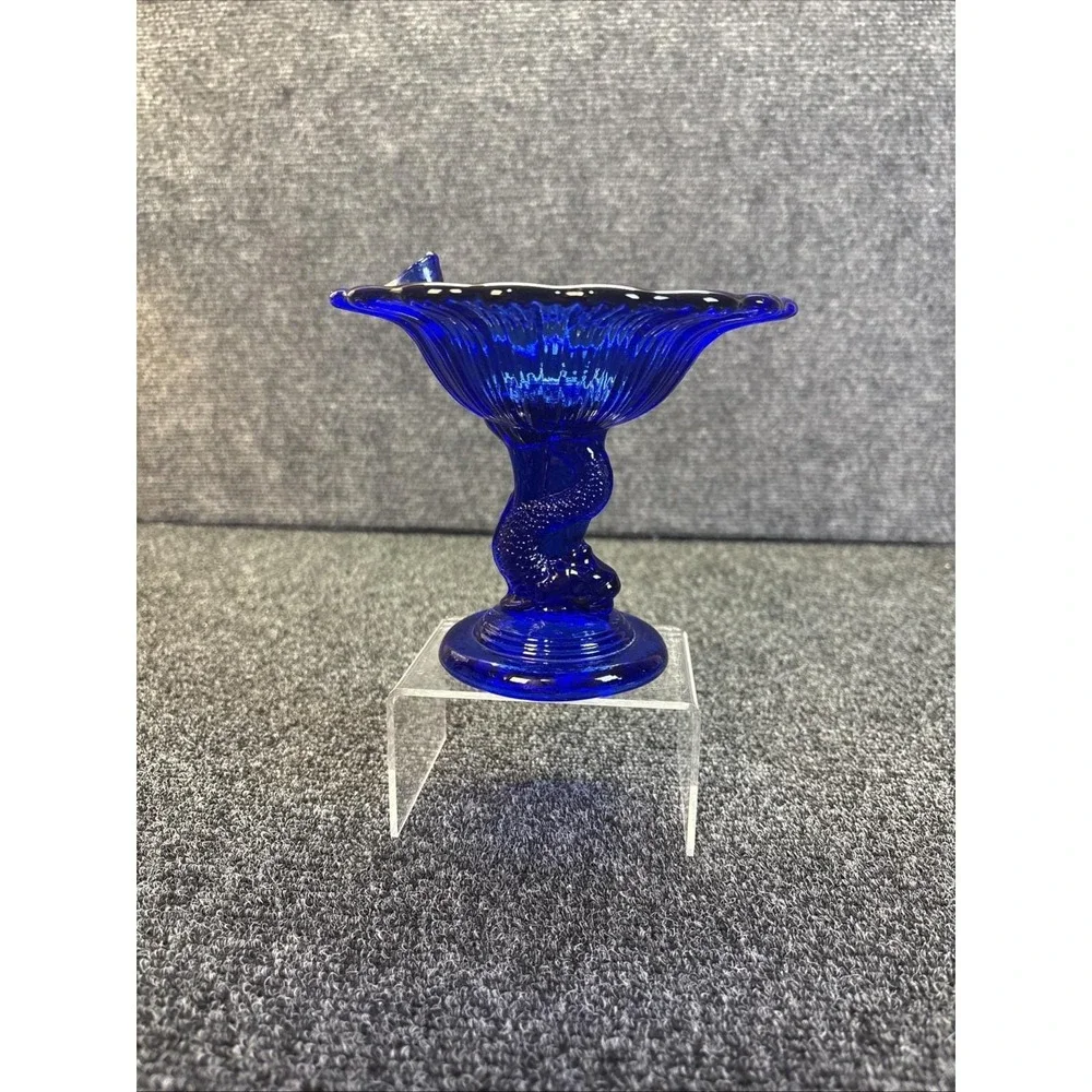 Vtg~Northwood~Koi Fish Stem Cobalt Blue Glass Compote/Candy Pedestal Dish